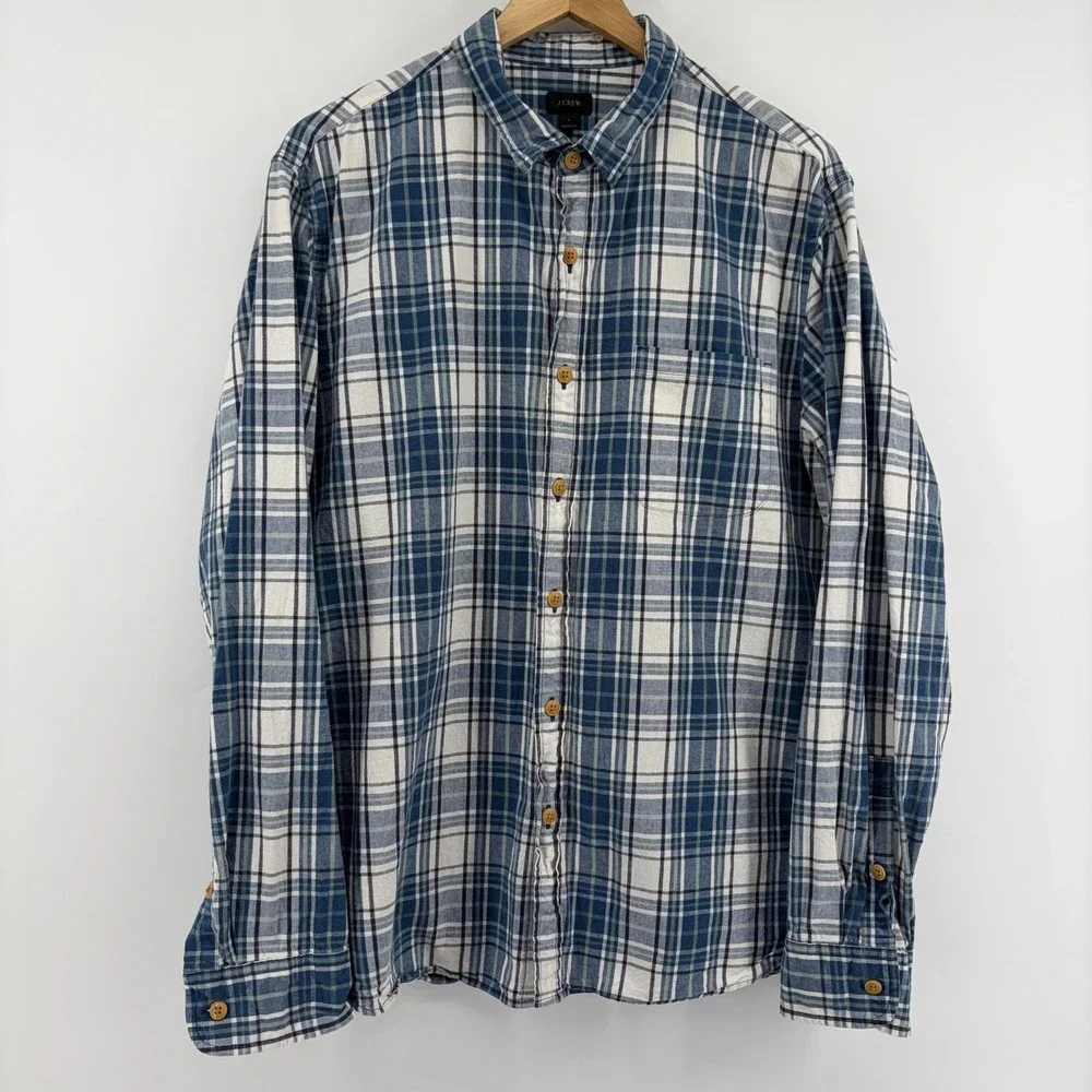 J. Crew Mens Large Blue White Plaid Cotton Long Sleeve Button Down Shirt
